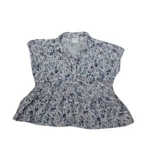 Rachel Zoe Blouse 100% Linen Floral Button Ruffle Hem Blue/White Womens S